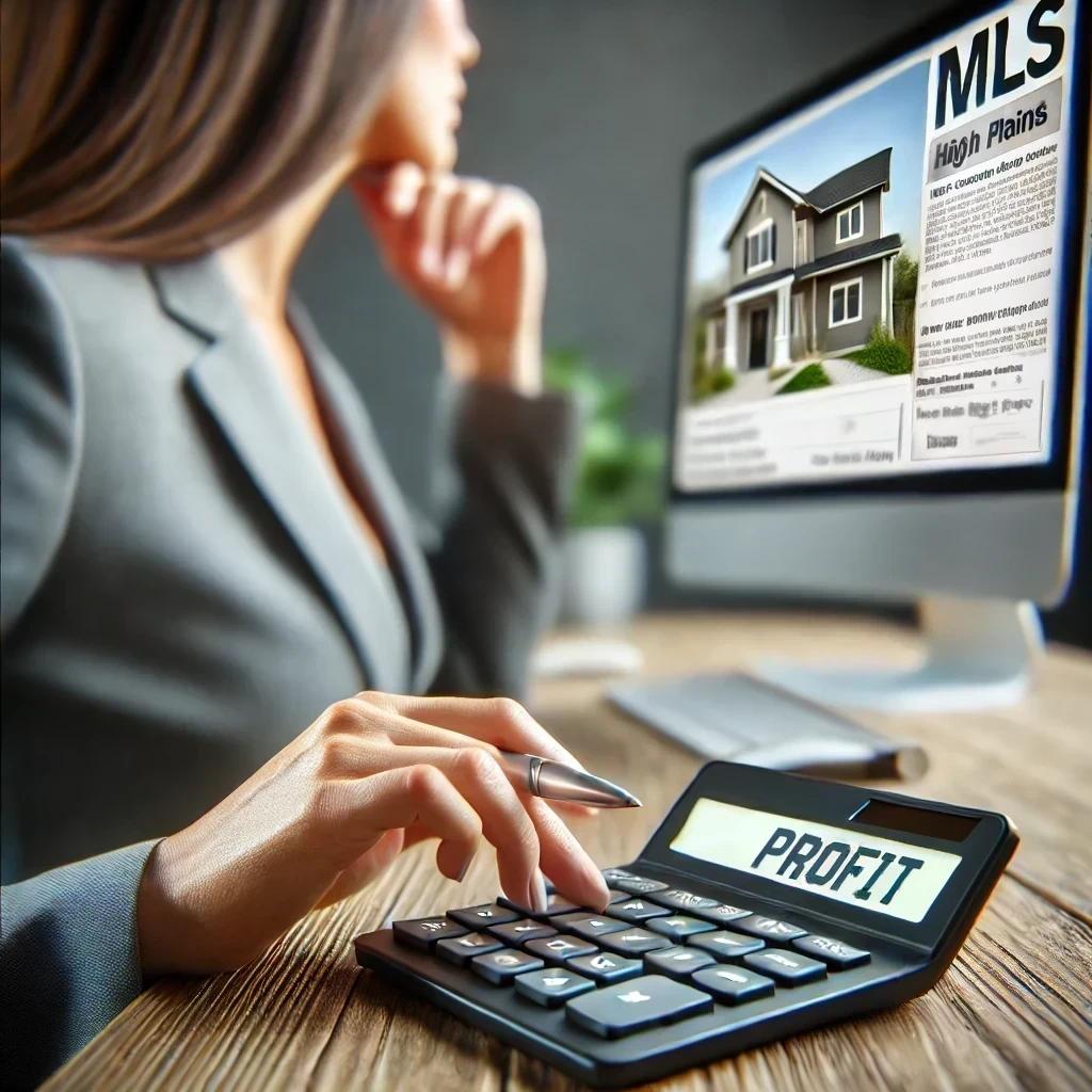 A realtor sit at her desk looking at her MLS listing on a computer. With one hand, she uses a caluculator, on the screen of which reads the word PROFIT