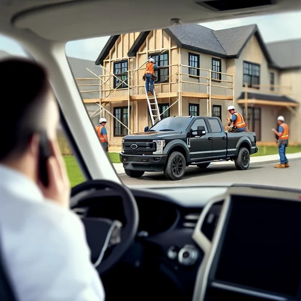 a general contrctor sits in  their vehicle watching work being done on a job site.